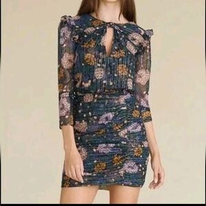 NWT Veronica Beard Peppa Floral Print Metallic Silk Chiffon Mini Dress